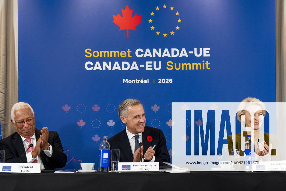 Prime Minister Mark Carney, centre, gives remarks alongside President of the European Council Antonio Costa, left, and President of the European Commission Ursula von der Leyen, at a roundtable with business leaders during the Canada-EU Summit, in Montreal, on Thursday, Oct. 29, 2026. Montreal CANADA - ZUMAc35_ 20261029_zaf_c35_127