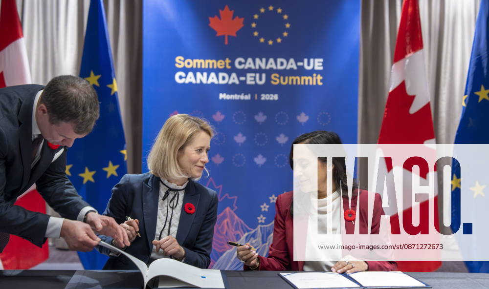 Minister of Foreign Affairs Anita Anand, right and High Representative of the European Union for Foreign Affairs and Security Policy Kaja Kallas sign the Canada-EU Host Country Agreement in Montreal on Thursday, Oct. 29, 2026. Montreal CANADA - ZUMAc35_ 20261029_zaf_c35_181