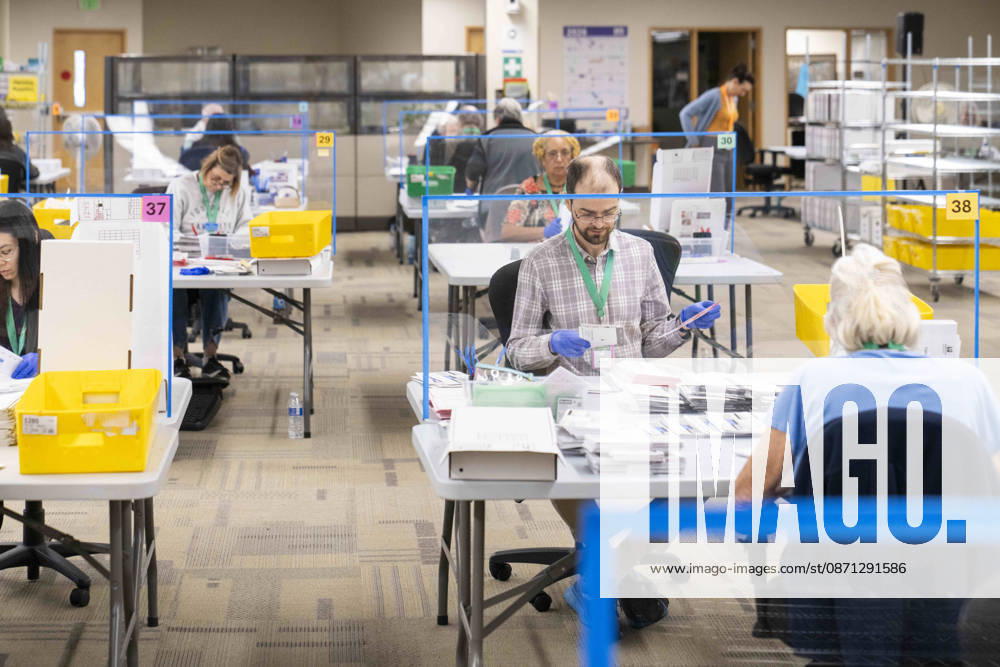 Workers open mail-in ballots in a secure room for the 2026 mid-term election at the King County Elections office in Renton, Washington, USA, on Thu., Oct. 29, 2026. Approximately 98% of votes cast in Washington state are mail-in ballots. Renton USA - ZUMAb344 20261029_znp_b344_002