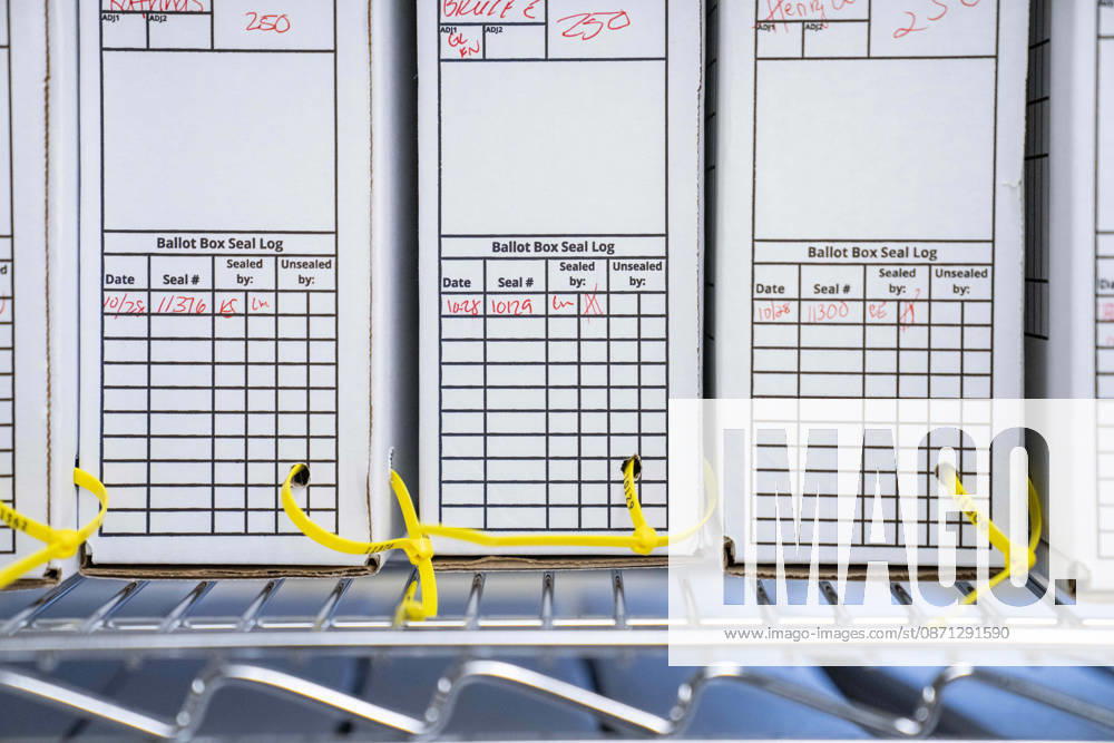 Sealed boxes of scanned ballots stand on a shelf in a secure room as 2026 mid-term election ballots are opened and counted at the King County Elections office in Renton, Washington, USA, on Thu., Oct. 29, 2026. By state law, votes cannot be tabulated until after 9pm on election day, so the the ballots are only scanned at this point. Approximately 98% of votes cast in Washington state are mail-in ballots. Renton USA - ZUMAb344 20261029_znp_b344_036