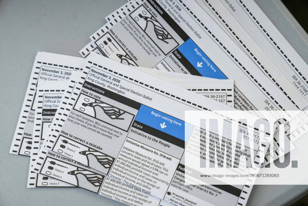 Voted ballots lay on a table after being opened in a secure room for the 2026 mid-term election at the King County Elections office in Renton, Washington, USA, on Thu., Oct. 29, 2026. Approximately 98% of votes cast in Washington state are mail-in ballots. Renton USA - ZUMAb344 20261029_znp_b344_021