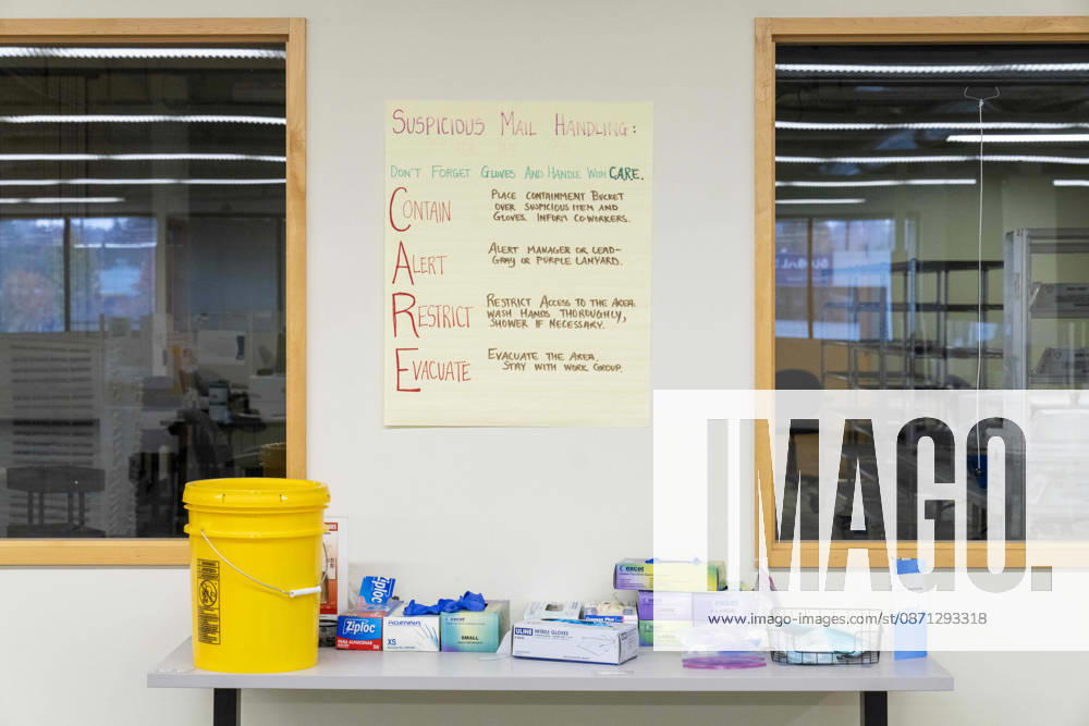 A poster describes the process to follow when a suspicious ballot envelope is encountered at the King County Elections office in Renton, Washington, USA, on Thu., Oct. 29, 2026. Approximately 98% of votes cast in Washington state are mail-in ballots. Renton USA - ZUMAb344 20261029_znp_b344_038