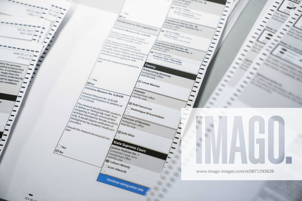 Voted ballots lay on a table after being opened in a secure room for the 2026 mid-term election at the King County Elections office in Renton, Washington, USA, on Thu., Oct. 29, 2026. Approximately 98% of votes cast in Washington state are mail-in ballots. Renton USA - ZUMAb344 20261029_znp_b344_048