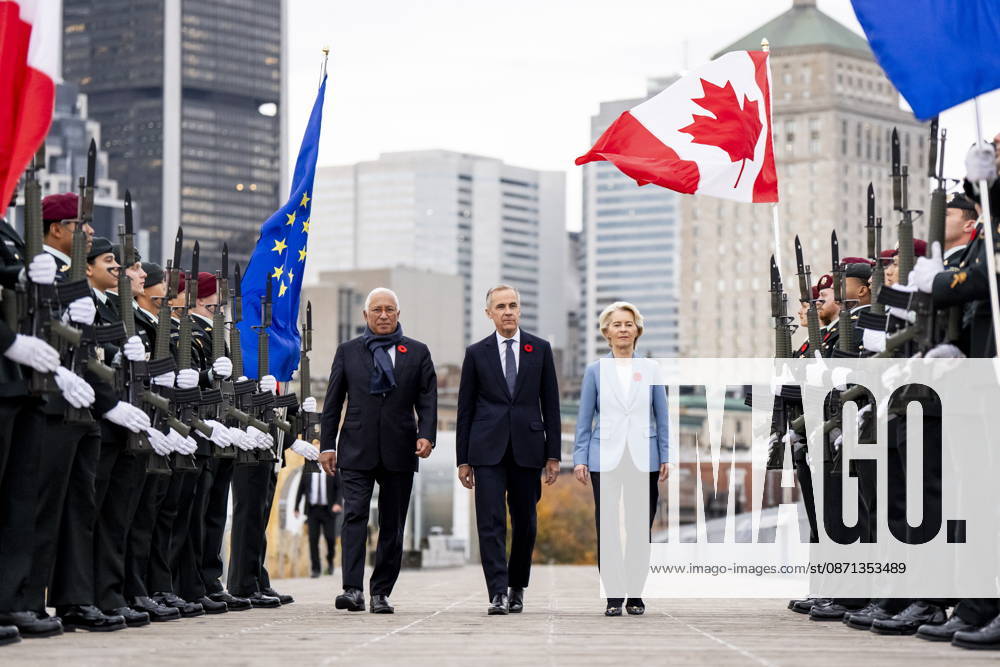 Prime Minister Mark Carney, centre, arrives at the Canada-EU Summit with President of the European Council, Antonio Costa, left, and President of the European Commission, Ursula von der Leyen, in Montreal on Friday, Oct. 30, 2026. Montreal CANADA - ZUMAc35_ 20261030_zaf_c35_001