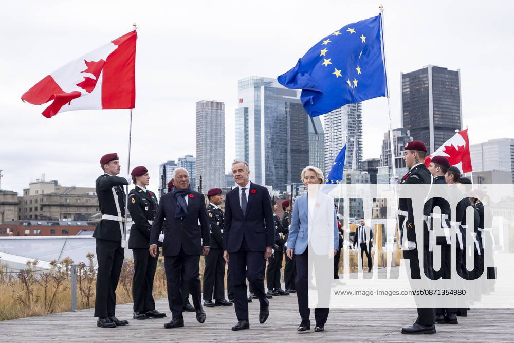Prime Minister Mark Carney, centre, arrives at the EU-Canada summit with President of the European Council, Antonio Costa, left, and President of the European Commission, Ursula von der Leyen, in Montreal on Friday, Oct. 30, 2026. Montreal CANADA - ZUMAc35_ 20261030_zaf_c35_009