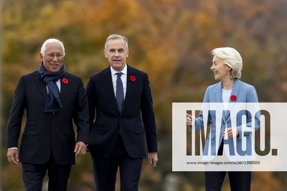 Prime Minister Mark Carney, centre, arrives for the EU-Canada summit with President of the European Council, Antonio Costa, left, and President of the European Commission, Ursula von der Leyen, in Montreal on Friday, Oct. 30, 2026. Montreal CANADA - ZUMAc35_ 20261030_zaf_c35_014