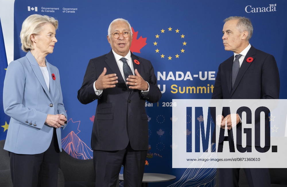 European Council President Antonio Costa, centre, speaks during his trilateral meeting with Prime Minister Mark Carney, right, and European Commission President Ursula von der Leyen, at the EU-Canada summit in Montreal on Friday, Oct. 30, 2026. Montreal CANADA - ZUMAc35_ 20261030_zaf_c35_012