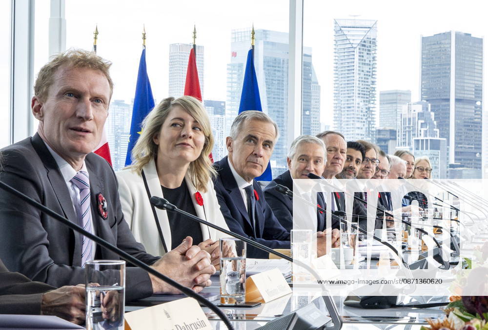 Canadian Identity and Culture Minister Marc Miller, from left to right, Industry Minister Melanie Joly, Prime Minister Mark Carney, Finance Minister Francois-Philippe Champagne and Defence Minister David McGuinty attend an expanded meeting with Canadian and European Union delegates during the EU-Canada summit in Montreal on Friday, Oct. 30, 2026. Montreal CANADA - ZUMAc35_ 20261030_zaf_c35_023