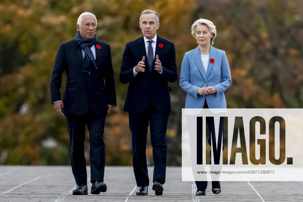 Prime Minister Mark Carney, centre, arrives at the EU-Canada summit with President of the European Council, Antonio Costa, left, and President of the European Commission, Ursula von der Leyen, in Montreal on Friday, Oct. 30, 2026. Montreal CANADA - ZUMAc35_ 20261030_zaf_c35_053