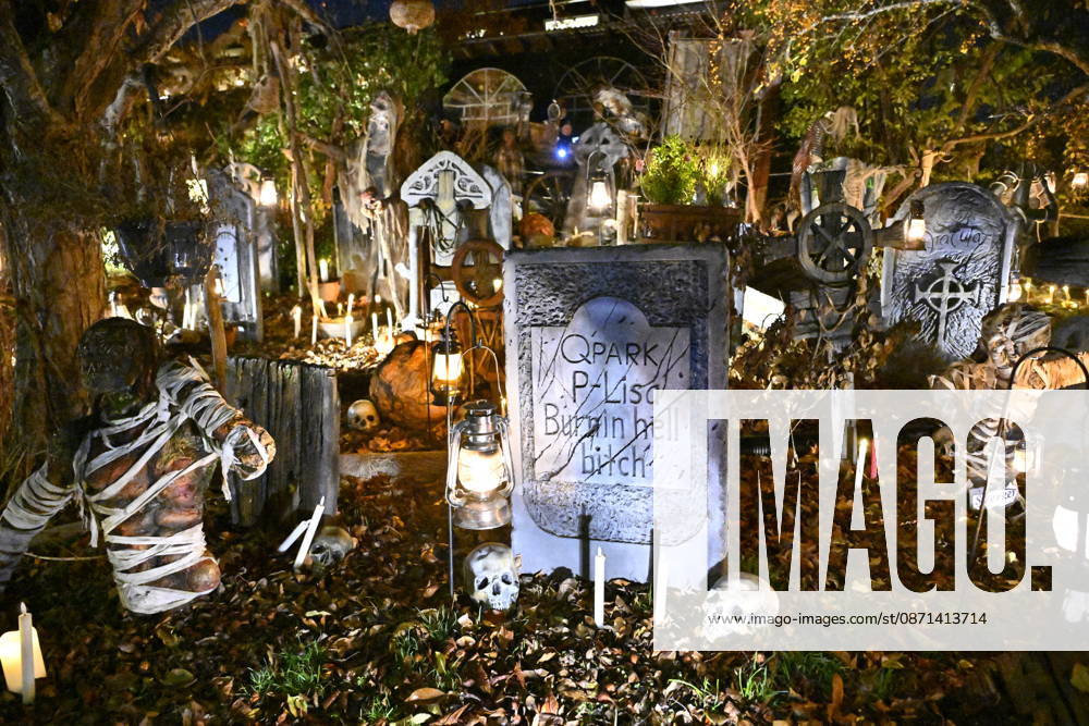 STOCKHOLM, SWEDEN 20261030 A family in Huddinge, south of Stockholm, has decorated their garden with tombstones, handmade zombies, and spooky decorations for Halloween STOCKHOLM SWEDEN