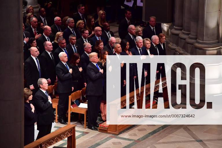 The president, former presidents, VP s and spouses assemble at the funeral of President George H.W. Bush at the National Cathedral in Washington D.C. on December 5, 2018. (L-R) Laura Bush, George W. Bush, President Donald Trump, Melania Trump, Barack Obama, Michelle Obama, Bill Clinton, Hillary Clinton, Jimmy Carter, Rosalynn Carter. Row two, VP Mike Pence, Karen Pence, Dan Qualye, Marilyn Qualye, Dick Cheney, Lynn Cheney, Joe Biden, Jill Biden, Al Gore. WAP20181205261 KEVINxDIETSCH