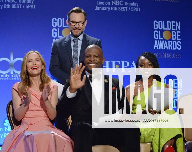 Actors Leslie Mann, Christian Slater, Terry crews and Danai Gurira prepare to announce the nominees for the 76th annual Golden Globe Awards at the Beverly Hilton Hotel in Beverly Hills, California on December 6, 2018. LAP2018120605 JIMxRUYMEN