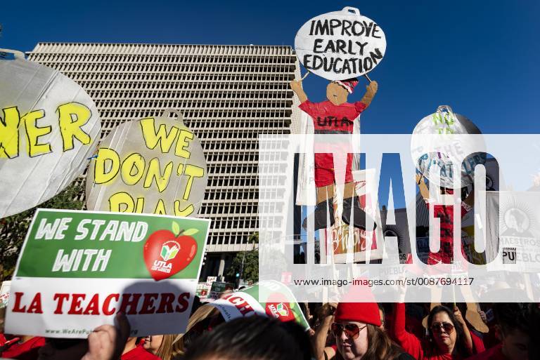 Los Angeles, California, United States - Teachers and supporters of public education march against education funding cuts during the March for Public Education in Los Angeles, California on December 15, 2018. The rally, organized by United Teachers Los Angeles, drew thousands of educators who demanded wage increases and smaller class sizes. Los Angeles United States - ZUMAn230 20181215_zaa_n230_890