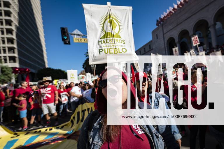 Los Angeles, California, United States - Teachers and supporters of public education march against education funding cuts during the March for Public Education in Los Angeles, California on December 15, 2018. The rally, organized by United Teachers Los Angeles, drew thousands of educators who demanded wage increases and smaller class sizes. Los Angeles United States - ZUMAn230 20181215_zaa_n230_886