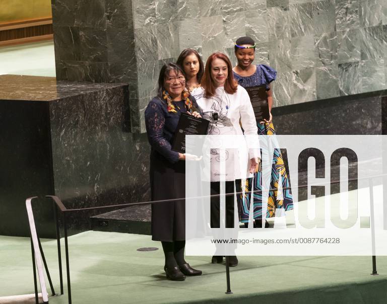 Award ceremony for UN Prize of Human Rights Joenia Wapichana activist for rights of indigenous peoples in Brazil accepts prize at GA commemorative meeting on occasion of 70th anniversary of Universal Declaration of Human Rights at UN Headquarters New York New York United States UN Headquarters LevxRadin