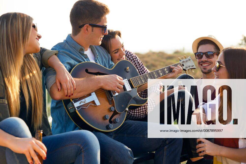 Portrait of group of friends playing guitar and drinking beer. model released Symbolfoto