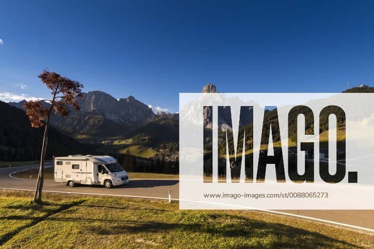 Motorhome on the serpentines in Alta Batia High Abbey Valley Dolomites South Tyrol Italy Europe