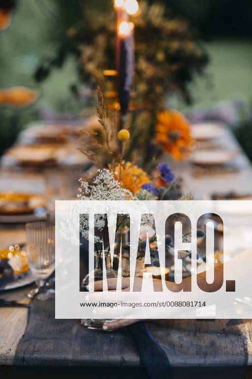 Hand placing flower vase on festive laid table with candles outdoors model released Symbolfoto ALBF00703