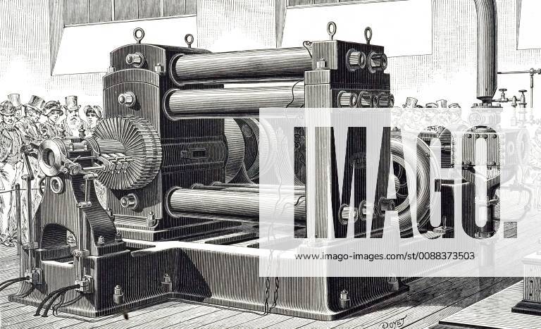 An engraving depicting Edison s Jumbo Engine-driver Dynamo on show at the Paris Electrical Exhibition of 1881. Thomas Edison (1847-1931) an American inventor and businessman. Dated 19th century. 917_36_WHA_124_0317
