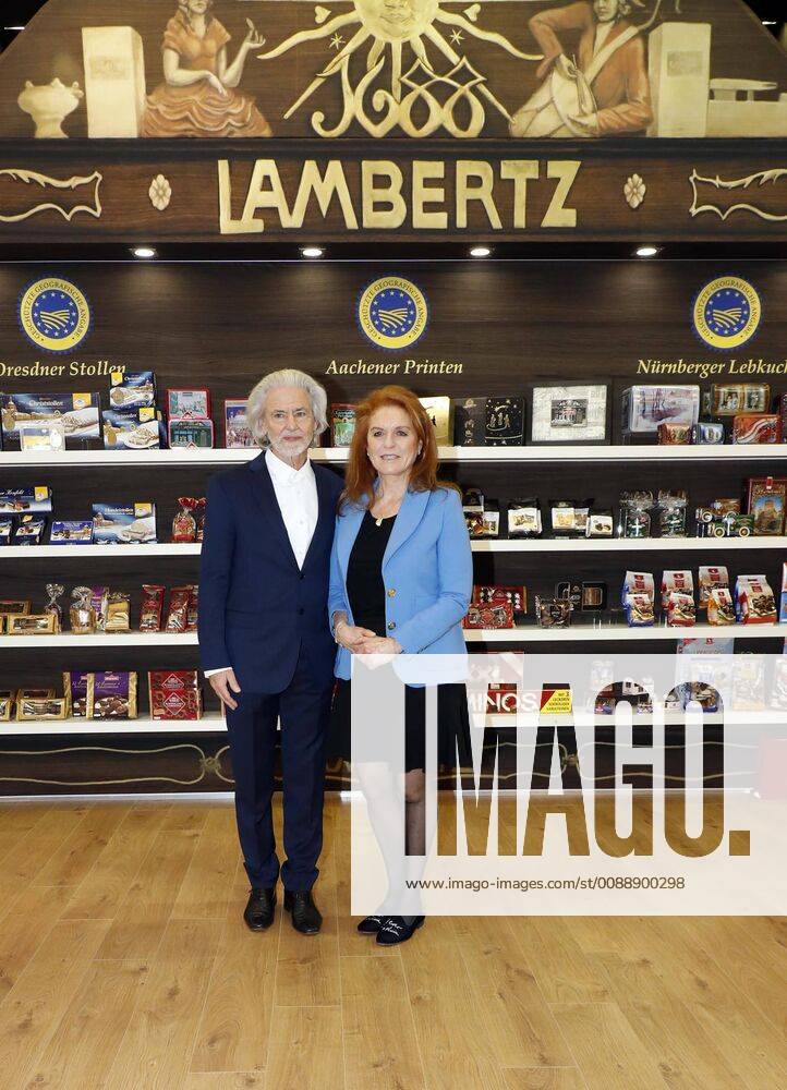 Dr Hermann Buehlbecker sole owner LAMBERTZ Sarah Ferguson Duchess of York visiting the LAMBERTZ booth at ISM Koelnmesse 2019