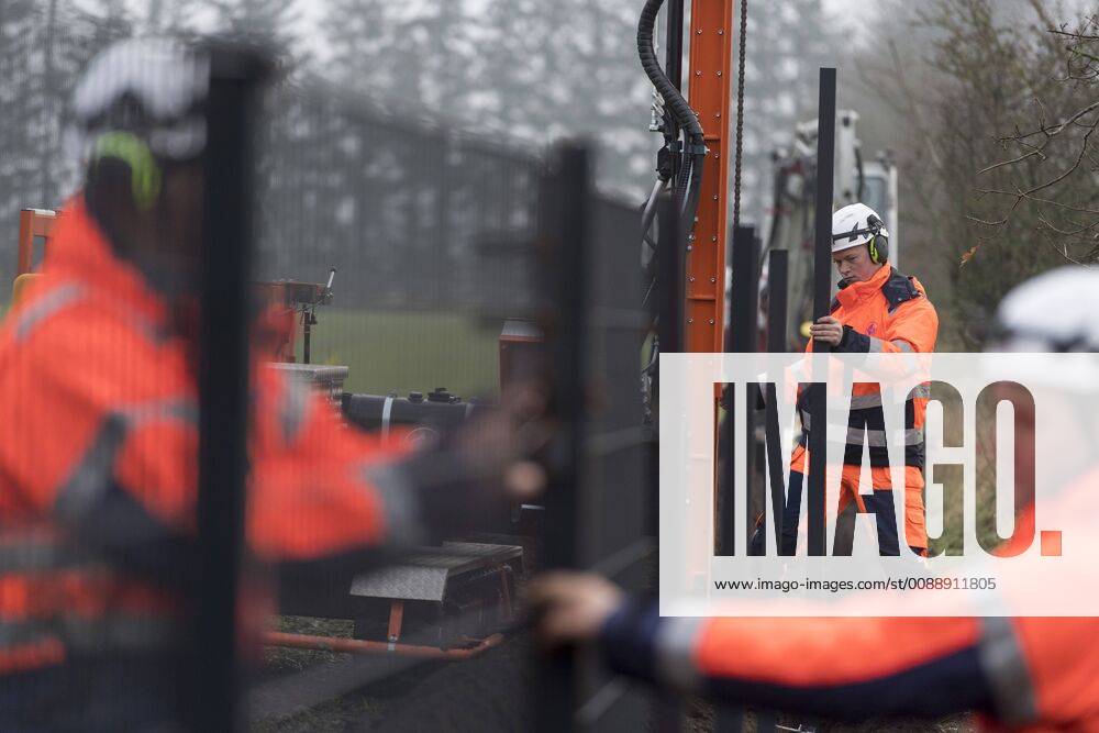 Wild boar fence Danish workers put on Monday the 28 01 2019 near Ellund district Schleswig Flensburg the first meters of wild boar fence on which to protect against African swine fever MartinxZiemerx xnordpool