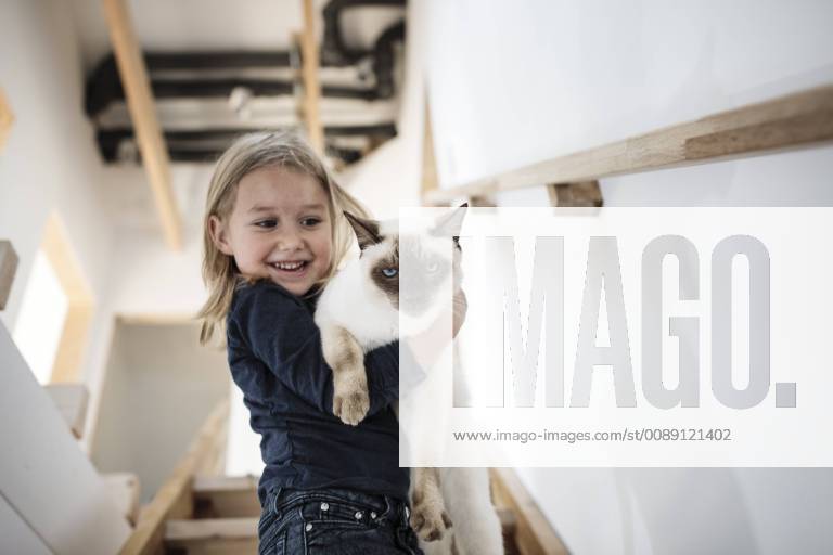 Portrait of little girl with her Siamese cat at home model released Symbolfoto property released KMKF00641