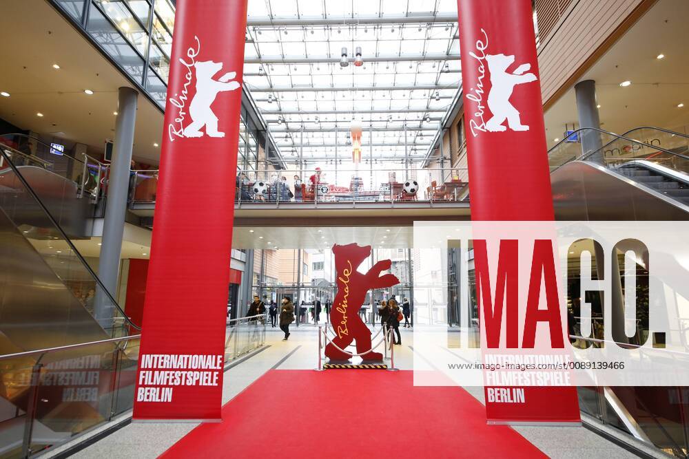 Berlinale banners and a bear figure in the shopping centre Potsdamer Platz Arcaden in front of the Berlinale on 05 02 2019 in Berlin