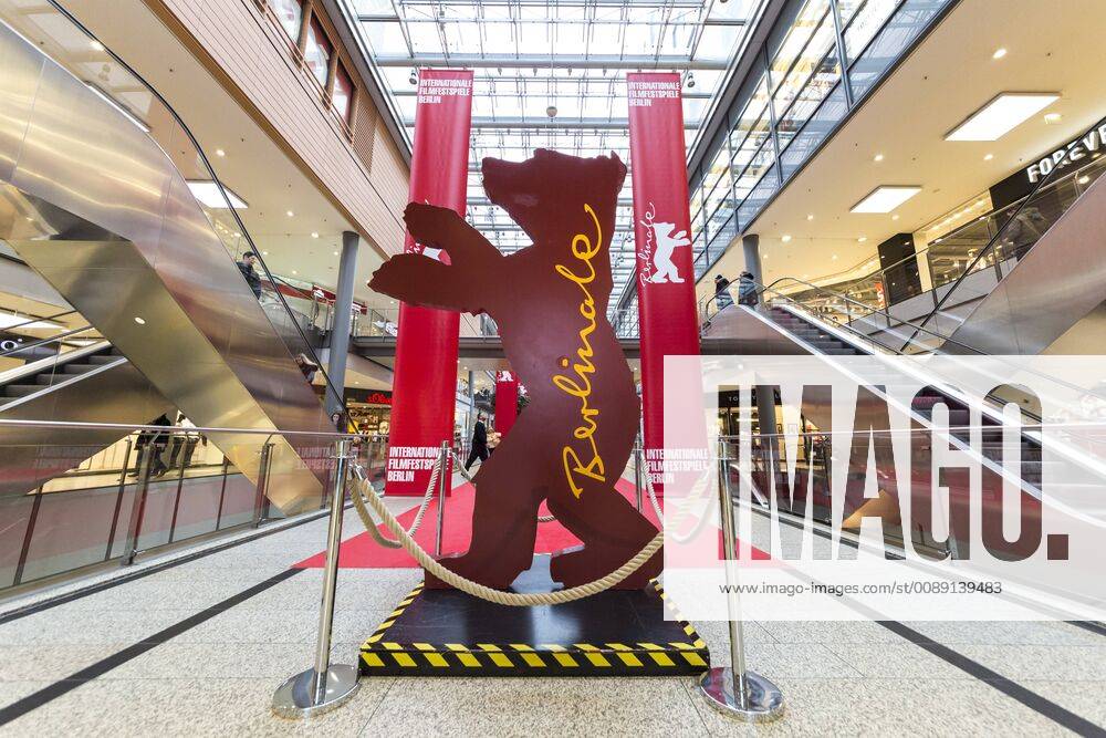 Berlinale banners and a bear figure in the shopping centre Potsdamer Platz Arcaden in front of the Berlinale on 05 02 2019 in Berlin