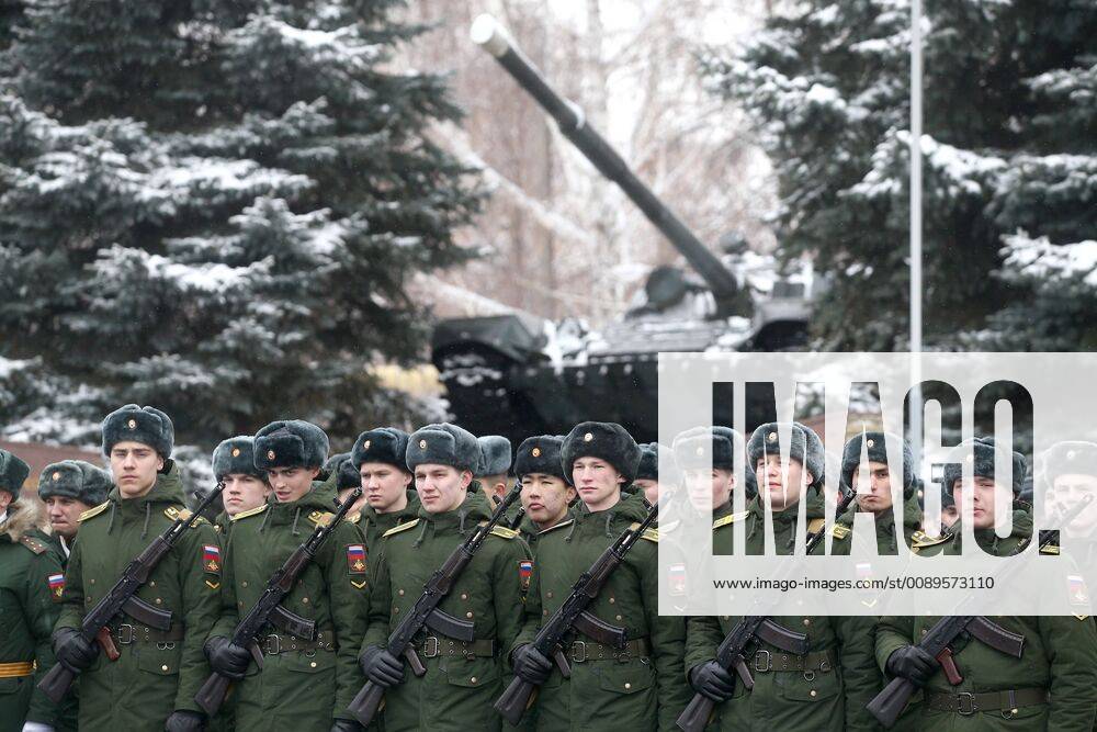 Russian Army soldiers during a celebration marking the 100th birthday of the Kazan Tank Academy (also translated as Kazan Tank School) in Kazan, Tatarstan, Russia; known as Cadet School before 1909, it was renamed Kazan Military School on 1 September 1909 pursuant to a decree by Emperor Nicholas II of Russia; in 1919, First Kazan Muslim Infantry Command School was established on the basis of Kazan Military School pursuant to a decree by the Revolutionary Military Council of Soviet Russia. Yegor Aleyev TASS TS0A1F34