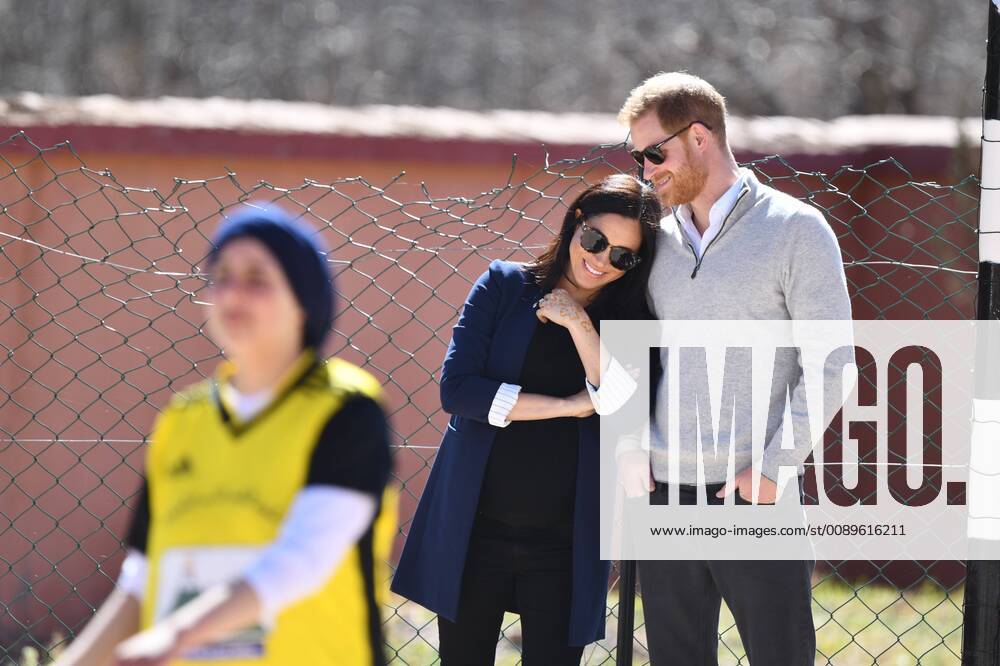 . 24 02 2019. Morocco , United Kingdom. Duke and Duchess of Sussex in Morocco-Day Two. Prince Harry, The Duke of Sussex accompanied by his wife Meghan, The Duchess of Sussex, visit Lycee Qualifiant Grand Atlas, Asni Town, Atlas Mountains, Morocco, The Duke and Duchess visit the local Secondary School meeting students and teachers. Also visiting the school s sports ground to watch the children playing football. xAndrewxParsonsx xi-Imagesx IIM-19336-0009