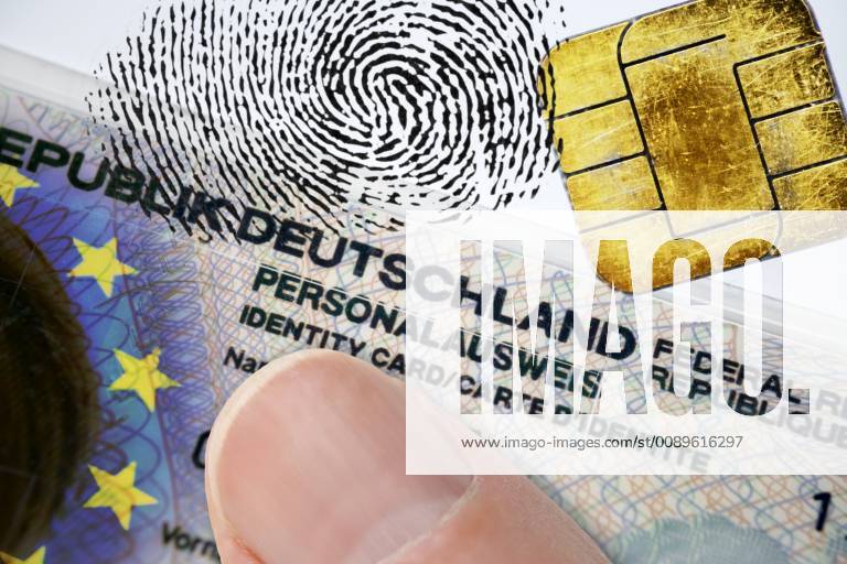 FOTOMONTAGE Finger on German identity card with EU flag Data chip and fingerprint ** NUR FUER REDAKTIONELLE ZWECKE ** **