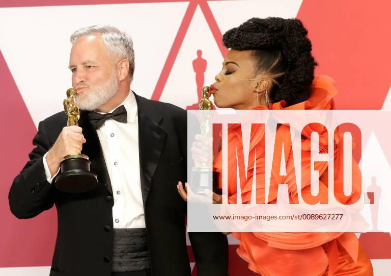 (L-R) Jay Hart and Hannah Beachler, winners of the award for Best Production Design for Black Panther, appear backstage with their Oscar during the 91st annual Academy Awards at Loews Hollywood Hotel in the Hollywood section of Los Angeles on February 24, 2019. LAP20190224701 JOHNxANGELILLO