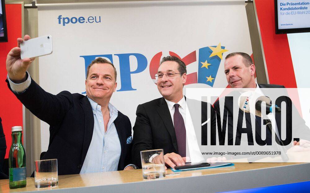 FPOe Media Centre Vienna AUT FPOe Press conference with presentation of the list of candidates for the EU election in the photo Member of the European ParliamentFPOe Georg Mayer Vice-Chancellor Heinz Christian Strache FPOe and Member of EP_gru