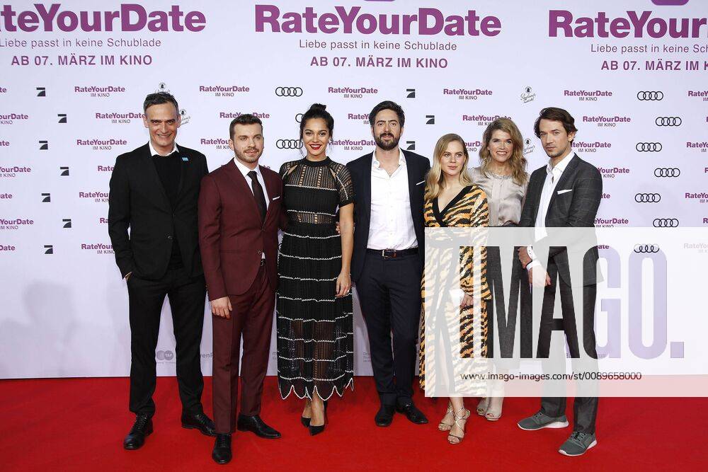 Anatole Taubman Edin Hasanovic Nilam Farooq director David Dietl Alicia from Rittberg Anke Engelke and Marc Benjamin the actors at the Rate Your Date film premiere on 26 2 2019 in Berlin Rate Your Date film premiere in Berlin