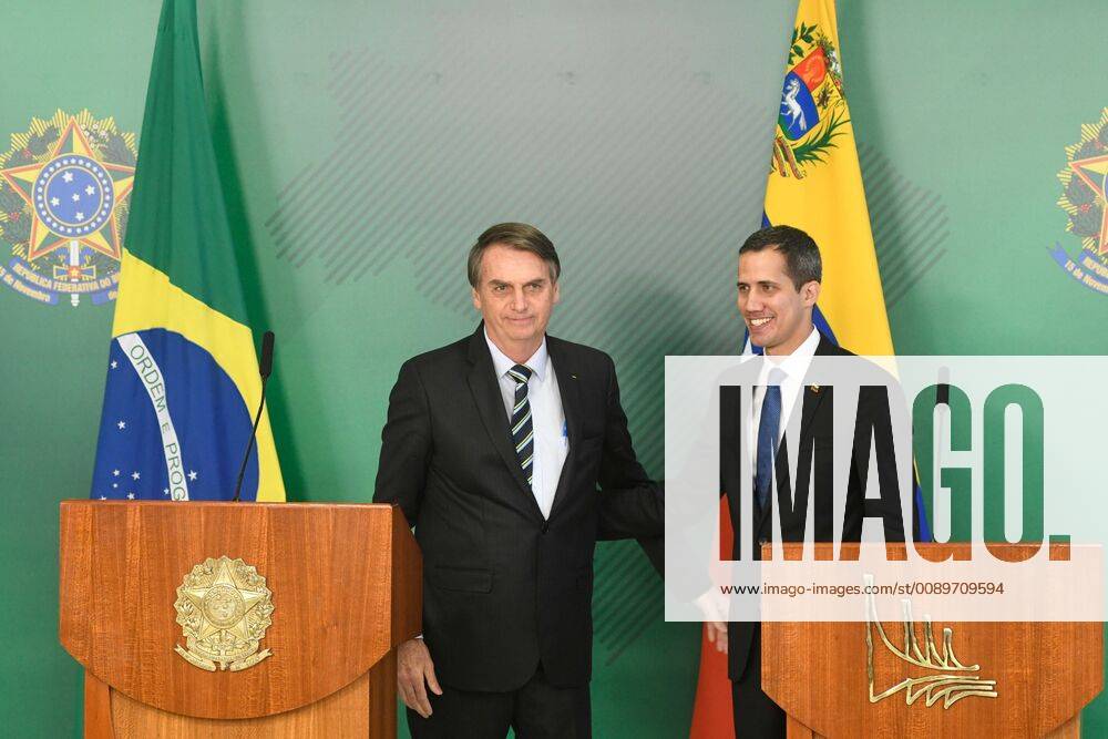 BRASÍLIA, DF - 28.02.2019: JUAN GAIDÓ ON A VISIT TO BRAZIL - Self-proclaimed Venezuelan President Juan Guaidó visits Brazil on Thursday, 28, and speaks of the crisis after attempted US aid and allies for Venezuela. In the photo, Juan Guaidó and President Jair Bolsonaro. x1688653x EduxChaves