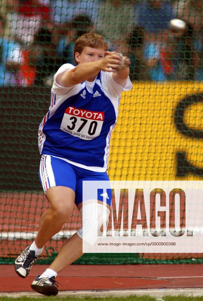 Manuela Montebrun (Frankreich) Leichtathletik WM Damen Weltmeisterschaft 2003, Nationaltrikot, Einzelbild Paris Dynamik,