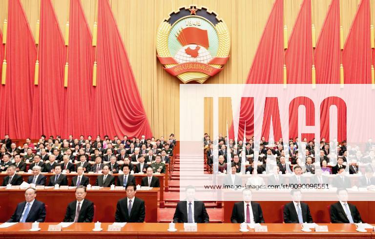 (190313) -- BEIJING, March 13, 2019 -- Xi Jinping (C, front), Li Keqiang (3rd R, front), Li Zhanshu (3rd L, front), Wang Huning (2nd R, front), Zhao Leji (2nd L, front), Han Zheng (1st R, front) and Wang Qishan (1st L, front) attend the closing meeting of the second session of the 13th National Committee of the Chinese People s Political Consultative Conference (CPPCC) at the Great Hall of the People in Beijing, capital of China, March 13, 2019. ) (TWO SESSIONS)CHINA-BEIJING-CPPCC-CLOSING MEETING (CN) HuangxJingwen