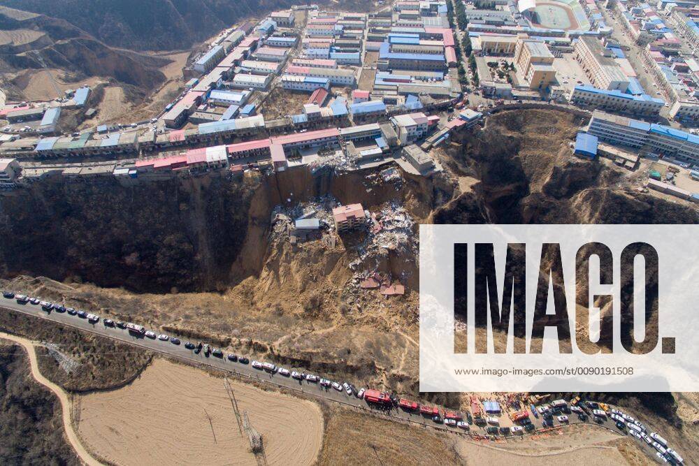 Aerial view of houses destroyed by a landslide at Zaoling Township on March 16, 2019 in Linfen, Shanxi Province of China. Seven people died, 13 injured and 13 others missing by 3 p.m. on Saturday after the landslide-triggered house collapse happened at around 6:10 p.m. on Friday in Linfen.