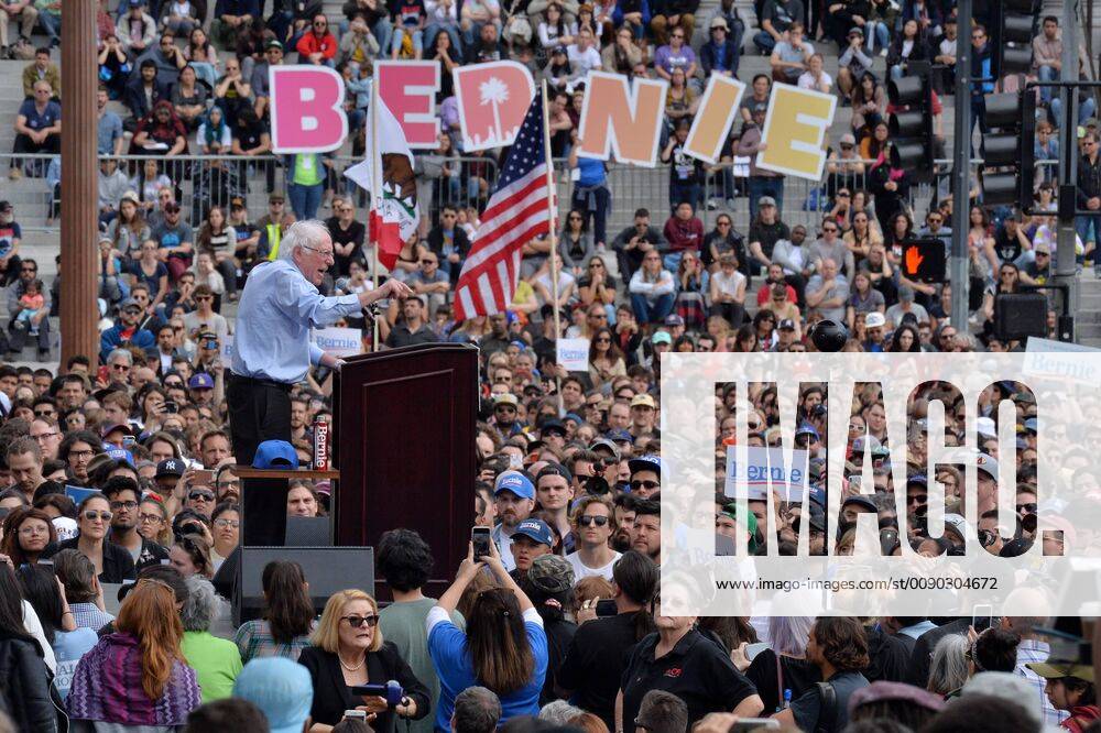 Senator Bernie Sanders, a candidate for the Democratic presidential nomination addresses thousands of supporters during a campaign rally at Grand Park in the shadow of City Hall in Los Angeles on March 23, 2019. The campaign stop is part of a West Coast swing by Sanders that also includes rallies in San Diego and San Francisco. Sanders, 77, who is considered the front runner in a field that could eventually include as many as two dozen candidates, has also made stops in early primary and caucus states like Iowa and New Hampshire since announcing his candidacy last month. LAP2019032301 JIMxRUYMEN