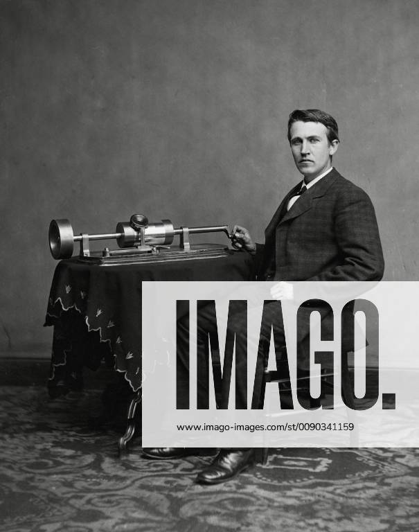 Thomas Alva Edison with his phonograph (2nd model), taken in Mathew Brady s Washington, D.C. studio (1878) File Reference 1003_826THA Hollywood CA USA