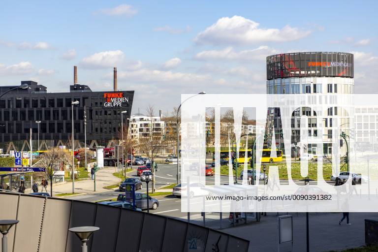 New company headquarters of the Funke Media Group in Essen at Berliner Platz right of the Media Tower Medienhaus 2 with large video scoreboard