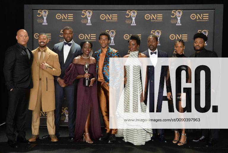(L-R) Vin Diesel, Michael B. Jordan, Winston Duke, Lupita Nyong o, Chadwick Boseman, Danai Gurira, Sterling K. Brown, Letitia Wright, and Ryan Coogler winners of Outstanding Directing in a Motion Picture, Outstanding Motion Picture and Outstanding Ensemble Cast in a Motion Picture for Black Panther, appear backstage during the 50th annual NAACP Image Awards at Loews Hollywood Hotel in the Hollywood section of Los Angeles on March 30, 2019. The NAACP Image Awards celebrates the accomplishments of people of color in the fields of television, music, literature and film and also honors individuals or groups who promote social justice through creative endeavors. LAP20190330346 JIMxRUYMEN