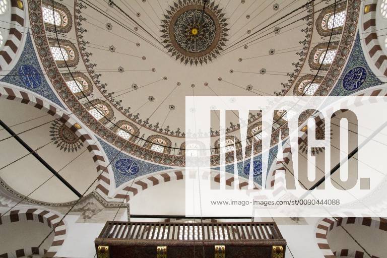 Asia,Turkey,Istanbul. Inside the Yeni Cami Mosque is located in Eminonu neighborhood of Istanbul, right next to the Spice Market and Galata Bridge at the entrance of the Golden Horn. Yeni means New in Turkish because it was a new mosque when it was built 1597-1663.