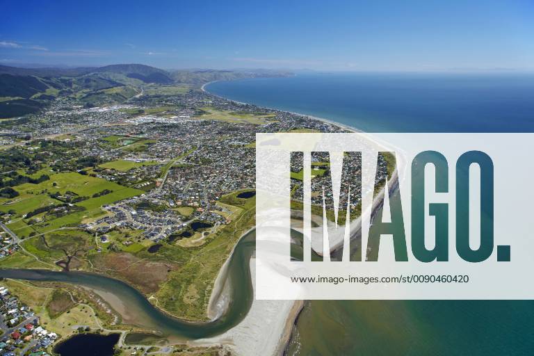 Waikanae River, and Paraparaumu Beach, Kapiti Coast, Wellington region, North Island, New Zealand - aerial