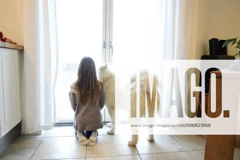 Back view of girl and her dog looking through French door model released Symbolfoto property released ECPF00281