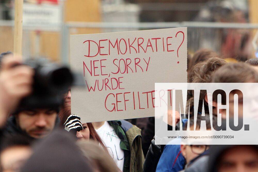 Demonstration of the party the pirates against the copyright reform of the EU European Union in Stuttgart Baden Württemberg Germany Demonstrators with poster democracy no was filtered