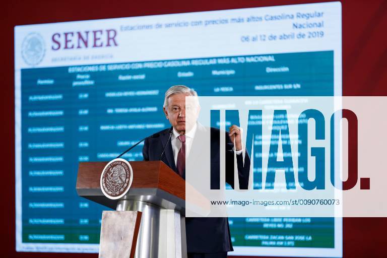 Mexican President Andres Manuel Lopez Obrador speaks during his daily press conference at the Palacio Nacional, in Mexico City, Mexico, 15 April 2019. Mexican Government has presented gas stations raking of prices in the country, pointing out the expensive brands and the cheaper ones, trying to control the average price. Mexican Government presents gas stations ranking of prices !ACHTUNG: NUR REDAKTIONELLE NUTZUNG!