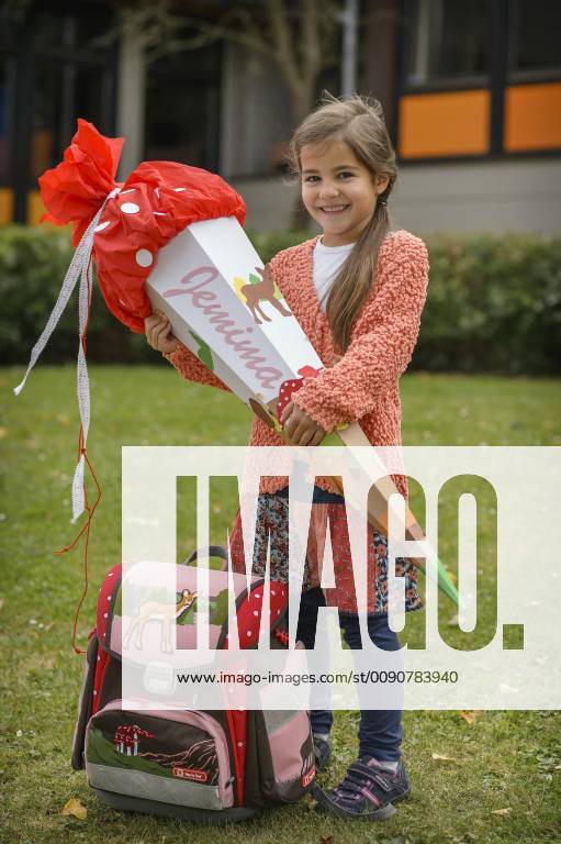 Girl 6 years Portrait with school bag and satchel School enrolment Germany Europe