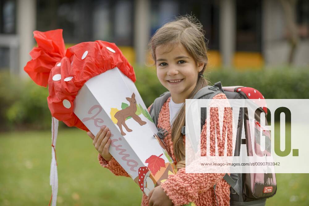Girl 6 years Portrait with school bag and satchel School enrolment Germany Europe