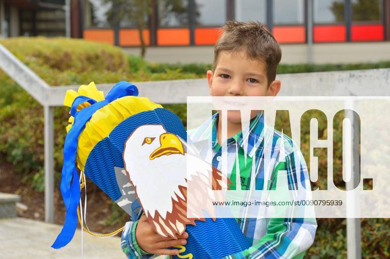 Young 6 years school enrolment with school bag Portrait Germany Europe